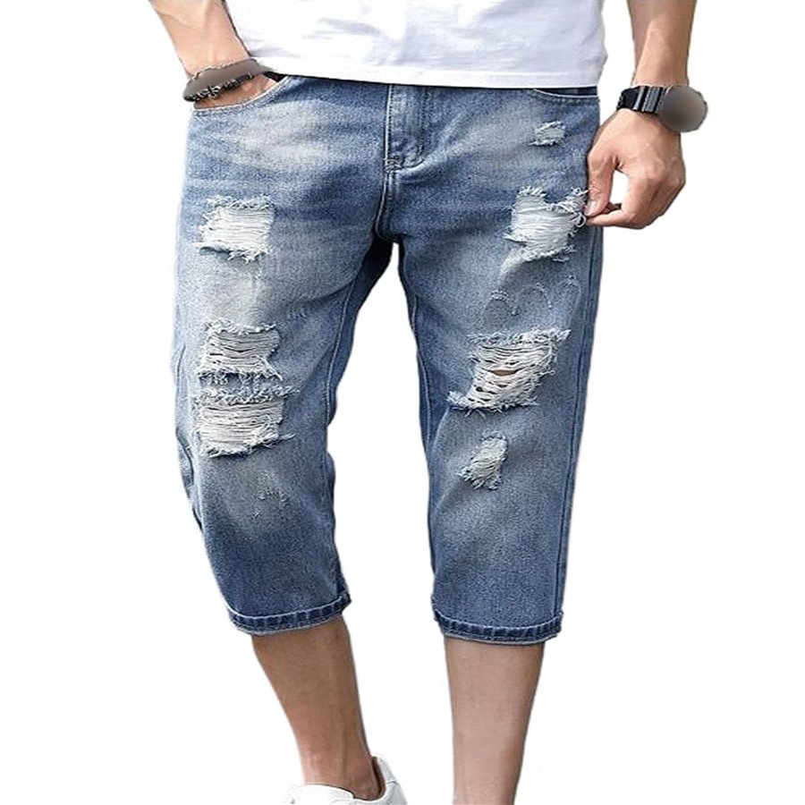 Men's Slim Fit Classic Leisure Jeans Washed Straight Mid Waist Jeans Distressed Holes Denim Pants Blue (Blue,30)