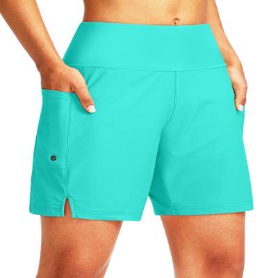 G Gradual Women's 7" Long Swim Board Shorts High Waisted Quick Dry Beach Swimming Shorts for Women with Liner Pockets(Cyan,XXL)