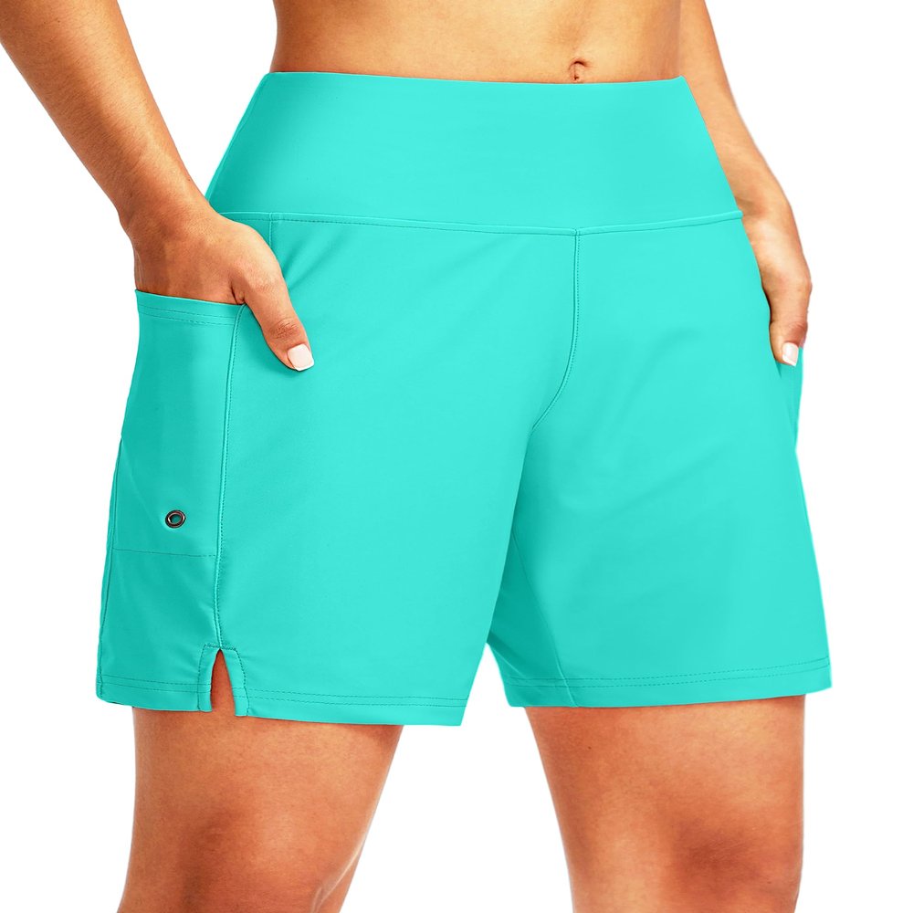 G Gradual Women's 7" Long Swim Board Shorts High Waisted Quick Dry Beach Swimming Shorts for Women with Liner Pockets(Cyan,XXL)