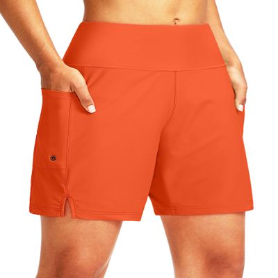 G Gradual Women's 7" Long Swim Board Shorts High Waisted Quick Dry Beach Swimming Shorts for Women with Liner Pockets(Orange,3XL)