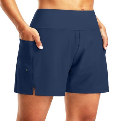 G Gradual Women's 7" Long Swim Board Shorts High Waisted Quick Dry Beach Swimming Shorts for Women with Liner Pockets(Dark Blue,XXL)