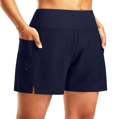 G Gradual Women's 7" Long Swim Board Shorts High Waisted Quick Dry Beach Swimming Shorts for Women with Liner Pockets(Navy,S)