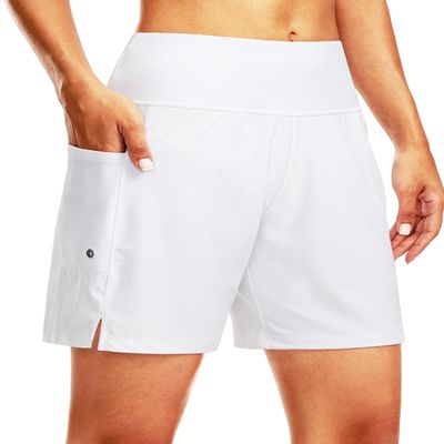 G Gradual Women's 7" Long Swim Board Shorts High Waisted Quick Dry Beach Swimming Shorts for Women with Liner Pockets(White,L)