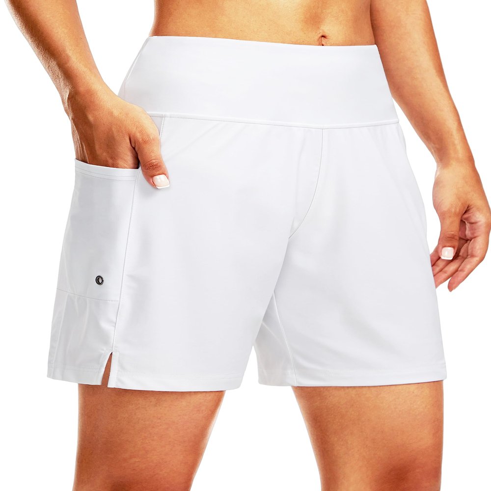 G Gradual Women's 7" Long Swim Board Shorts High Waisted Quick Dry Beach Swimming Shorts for Women with Liner Pockets(White,L)