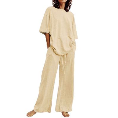 2 Piece Cotton Linen Outfits for Women Summer Dressy Business Work Suits Streetwear Button Down Tops and Pants Suit