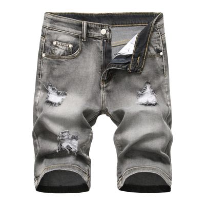 Men's Ripped Distressed Short Pants with Pockets Straight Stretch Jean Shorts Classic Slim Fit Denim Shorts (Light Grey,32)