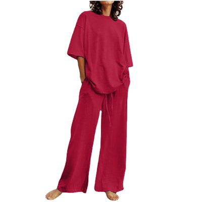 2 Piece Cotton Linen Outfits for Women Summer Dressy Business Work Suits Streetwear Button Down Tops and Pants Suit
