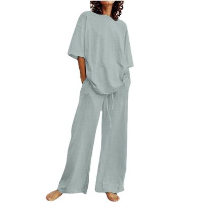 2 Piece Cotton Linen Outfits for Women Summer Dressy Business Work Suits Streetwear Button Down Tops and Pants Suit