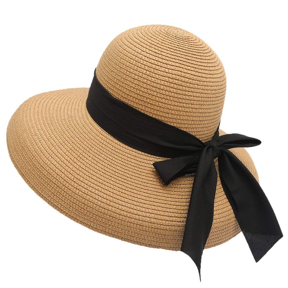 Women Wide Brim Straw Summer Hat UV Protection Sun Hat Elegant Bowknot Beach Hat Packable Travel Bucket Sun Hat