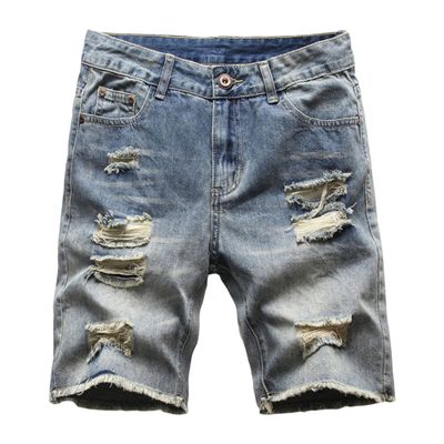 Maiyifu-GJ Men's Ripped Retro Short Jeans Fashion Distressed Washed Short Pants Straight Casual Denim Short with Pockets (Blue,33)