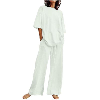 2 Piece Cotton Linen Outfits for Women Summer Dressy Business Work Suits Streetwear Button Down Tops and Pants Suit