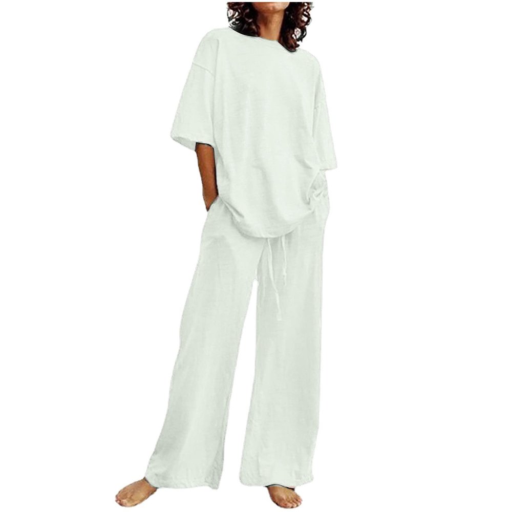 2 Piece Cotton Linen Outfits for Women Summer Dressy Business Work Suits Streetwear Button Down Tops and Pants Suit