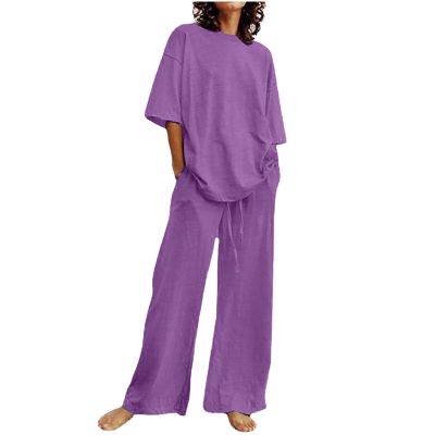 2 Piece Cotton Linen Outfits for Women Summer Dressy Business Work Suits Streetwear Button Down Tops and Pants Suit