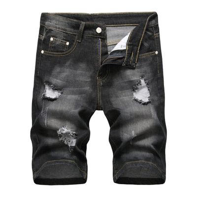 Men's Ripped Distressed Short Pants with Pockets Straight Stretch Jean Shorts Classic Slim Fit Denim Shorts (Grey,28)