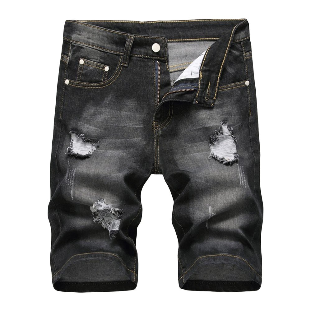 Men's Ripped Distressed Short Pants with Pockets Straight Stretch Jean Shorts Classic Slim Fit Denim Shorts (Grey,28)