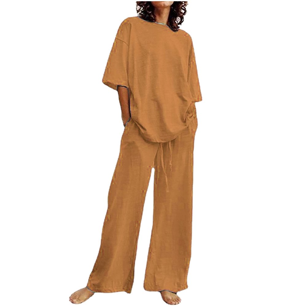2 Piece Cotton Linen Outfits for Women Summer Dressy Business Work Suits Streetwear Button Down Tops and Pants Suit