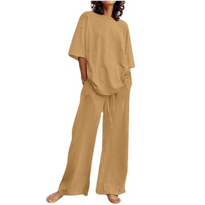 Lmdudan 2 Piece Cotton Linen Outfits for Women Summer Dressy Business Work Suits Streetwear Button Down Tops and Pants Suit,New-4*khaki