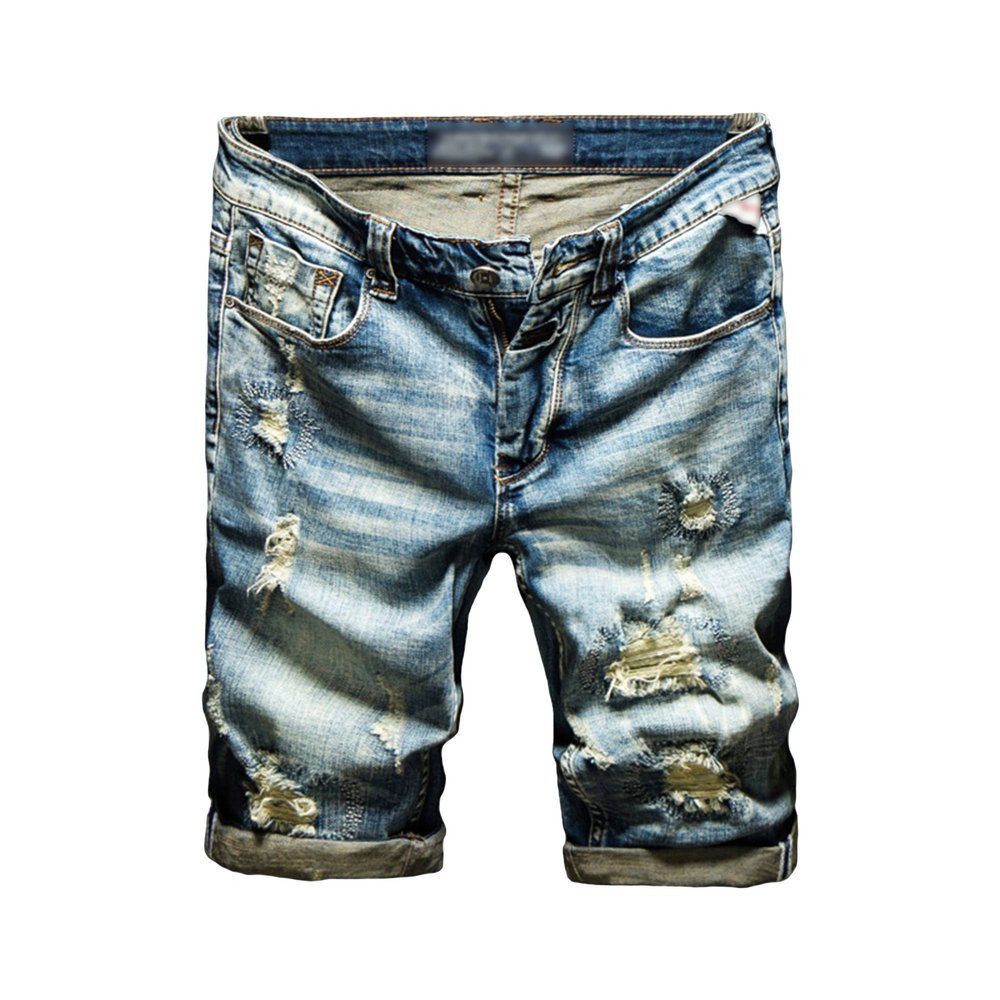 Men's Stretchy Retro Cotton Denim Shorts Ripped Straight Jean Shorts Casual Classic Short Pants with Pockets (Blue,32)