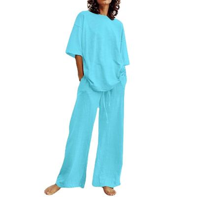 2 Piece Cotton Linen Outfits for Women Summer Dressy Business Work Suits Streetwear Button Down Tops and Pants Suit