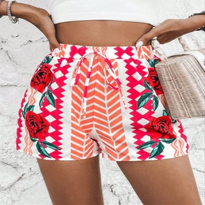 AKIOLOAS Women's Shorts Floral & Geo Print Knot Front Shorts Women's Shorts Shorts for Women (Color : Multicolor, Size : Small)