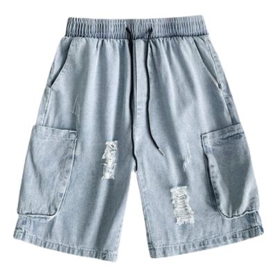 Men's Mid Waist Straight Classic Denim Shorts Ripped Washed Jean Shorts Summer Loose Short Pants with Pockets (Blue,Large)