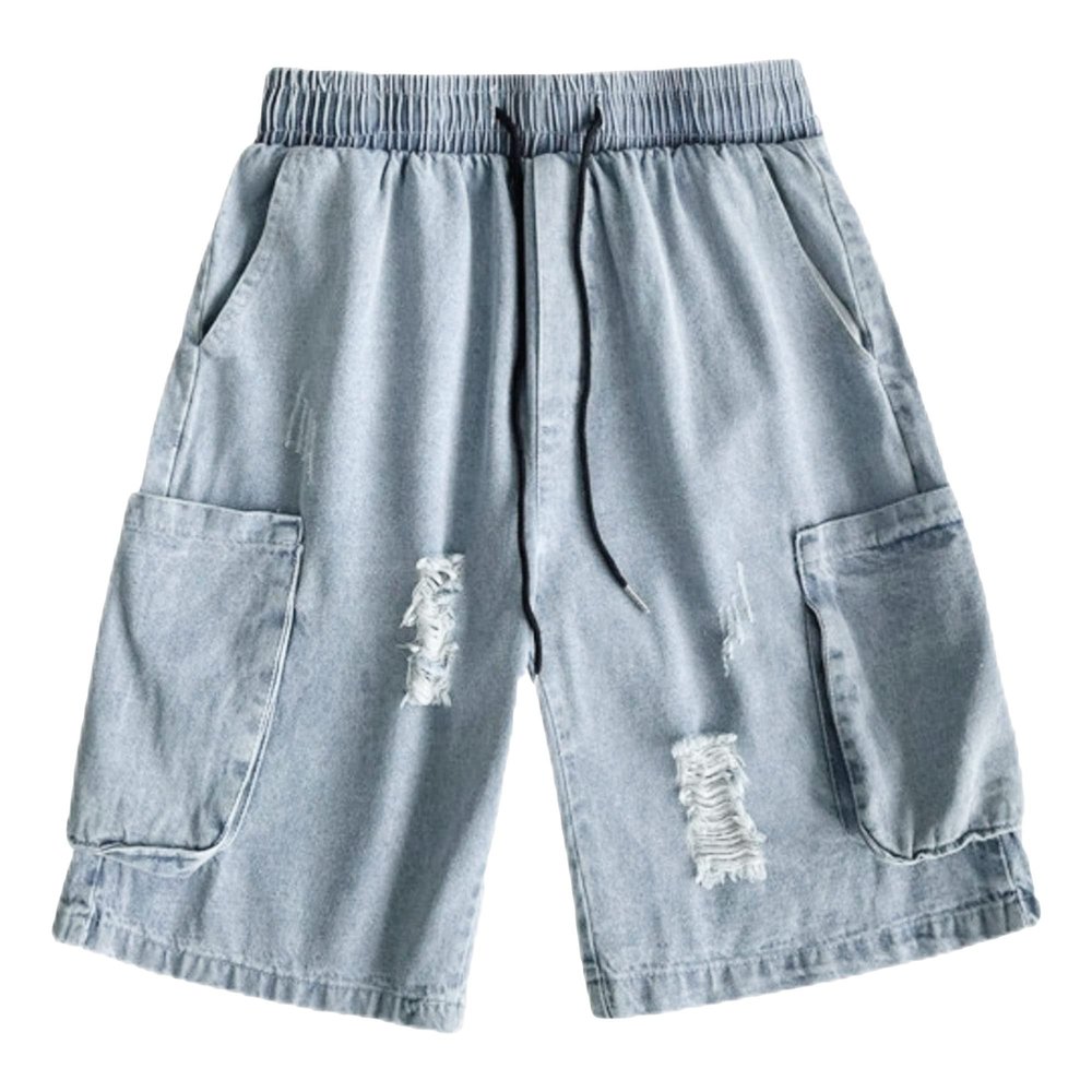 Men's Mid Waist Straight Classic Denim Shorts Ripped Washed Jean Shorts Summer Loose Short Pants with Pockets (Blue,Large)