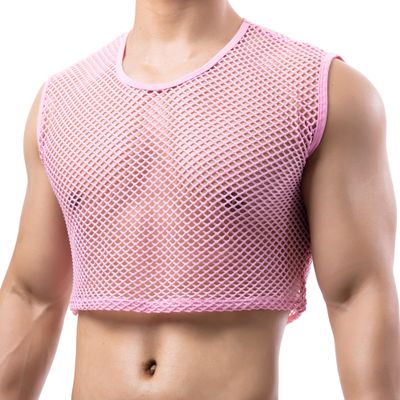 Mens Fishnet Crop Top Shirt Mesh Vest See Through Sleeveless Undershirts Nightwear Tank Shirt