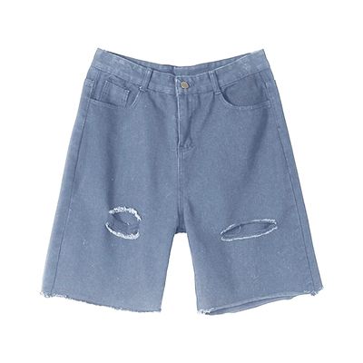 Men's Loose Straight Stretchy Denim Shorts Washed Ripped Jean Shorts Casual Classic Short Pants with Pockets (Blue,Large)