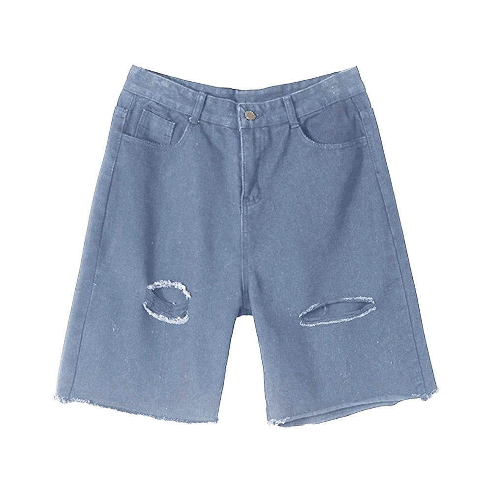Men's Loose Straight Stretchy Denim Shorts Washed Ripped Jean Shorts Casual Classic Short Pants with Pockets (Blue,Large)