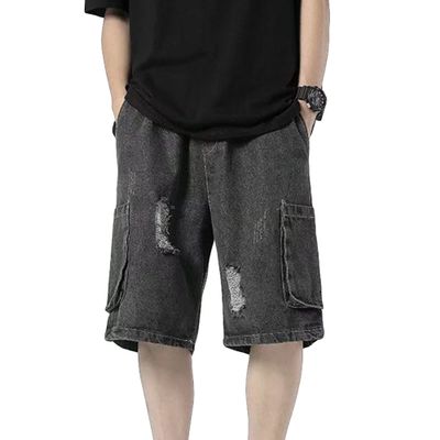 Maiyifu-GJ Men's Washed Straight Denim Shorts Stretchy Cotton Short Pants with Pockets Ripped Mid Waist Jean Shorts (Black,Small)