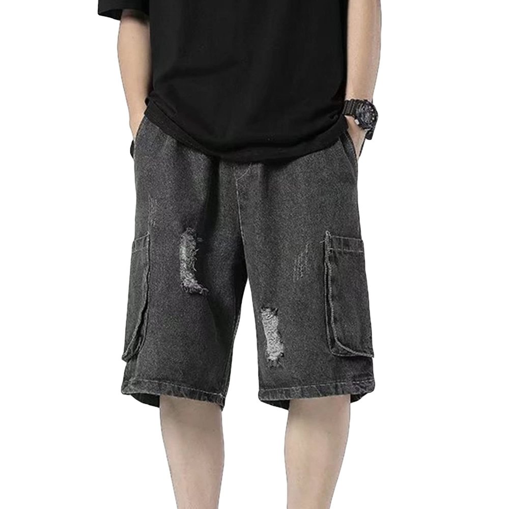 Maiyifu-GJ Men's Washed Straight Denim Shorts Stretchy Cotton Short Pants with Pockets Ripped Mid Waist Jean Shorts (Black,Small)