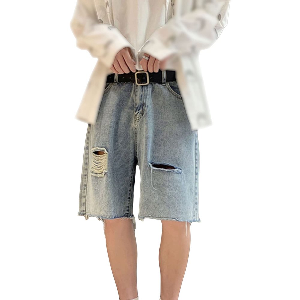 Men's Casual Retro Straight Denim Shorts Streetwear Ripped Jean Shorts Classic Summer Short Pants with Pockets (Blue,XX-Large)