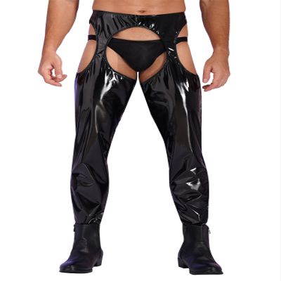 YiZYiF Mens PVC Leather Skinny Suspender Tights Chaps Pants Latex Bottomless Leggings Clubwear Black Large