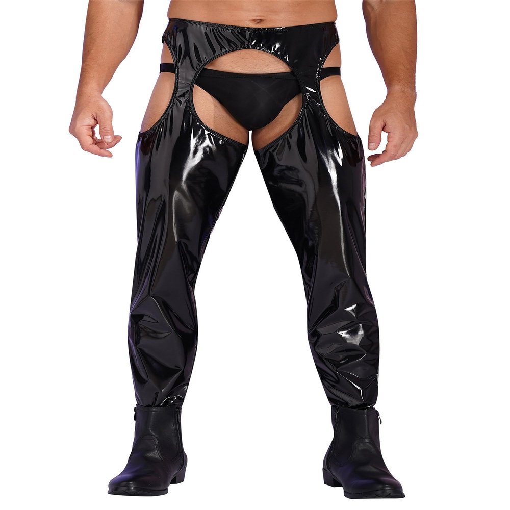 YiZYiF Mens PVC Leather Skinny Suspender Tights Chaps Pants Latex Bottomless Leggings Clubwear Black Large
