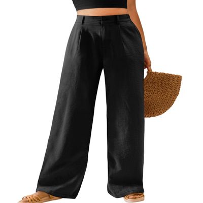 Feiersi Womens Casual Wide Leg Pants High Waisted Button Down Straight Long Trousers Palazzo Pants(Black,Medium)