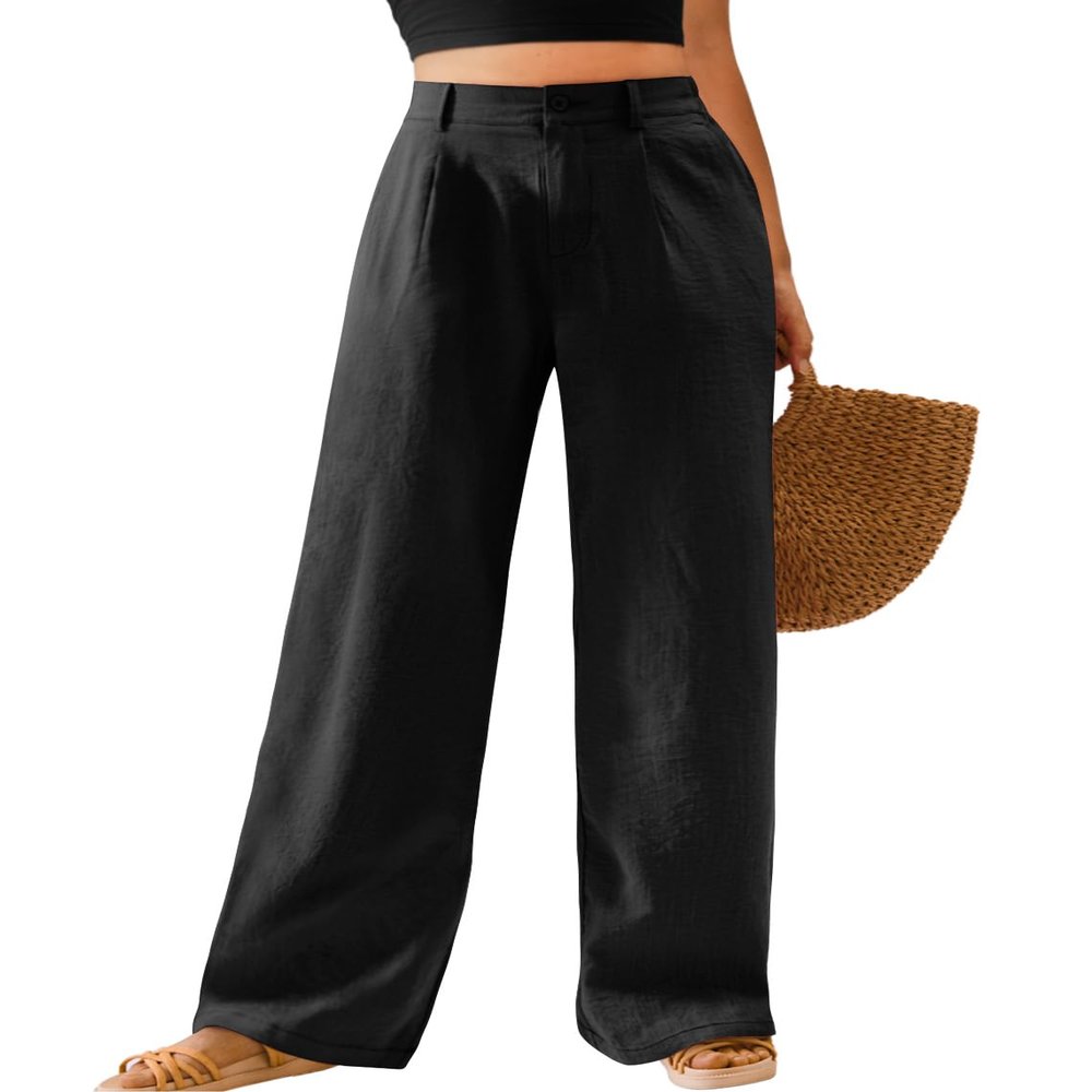 Feiersi Womens Casual Wide Leg Pants High Waisted Button Down Straight Long Trousers Palazzo Pants(Black,Medium)