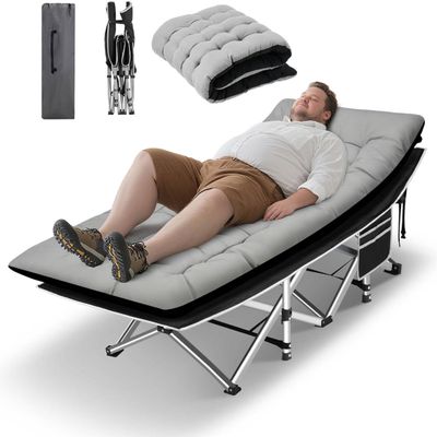 HABUTWAY Camping Cots for Adults with 600lbs Load Capacity, Folding Camping Cot with Mattress, Sleeping Cot for Adult with Carry Bags for Travel,Beach,Patio,Home Office,Nap Time(Grey+Black)