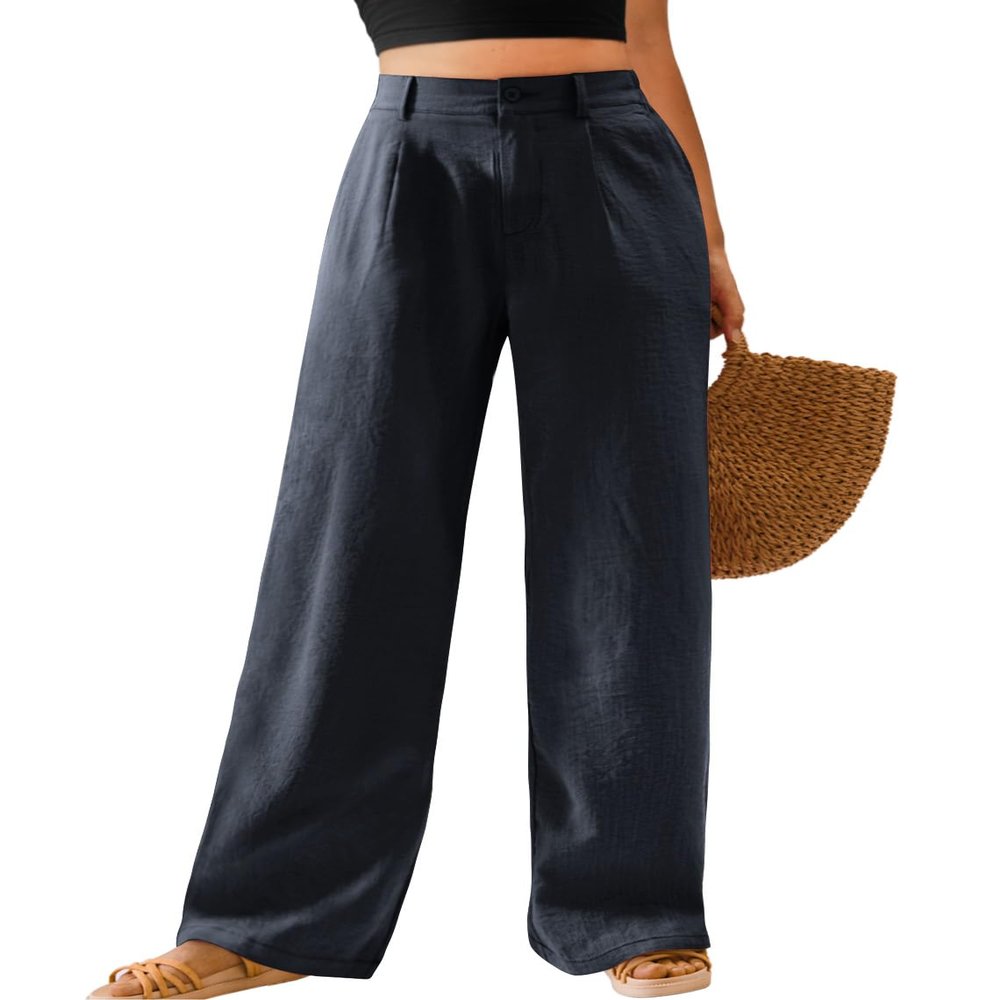 Feiersi Womens Casual Wide Leg Pants High Waisted Button Down Straight Long Trousers Palazzo Pants(Navy Blue,Small)