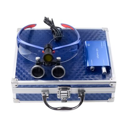 3.5X 420MM Binocular Magnifier loupes Matte Frame with Adjustable Spotlight Headlight Spotlight Headlamp Metal Box Aluminium Alloy Case (Blue)