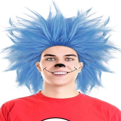 ANOGOL Hair Cap+ Blue Crazy Wig, Unique Spiky and Funny Wigs, Funky Fuzzy Wigs, Pelucas Para Payasos, Short Blue Wig for Anime Cosplay Halloween Costume Party Christmas Outfit
