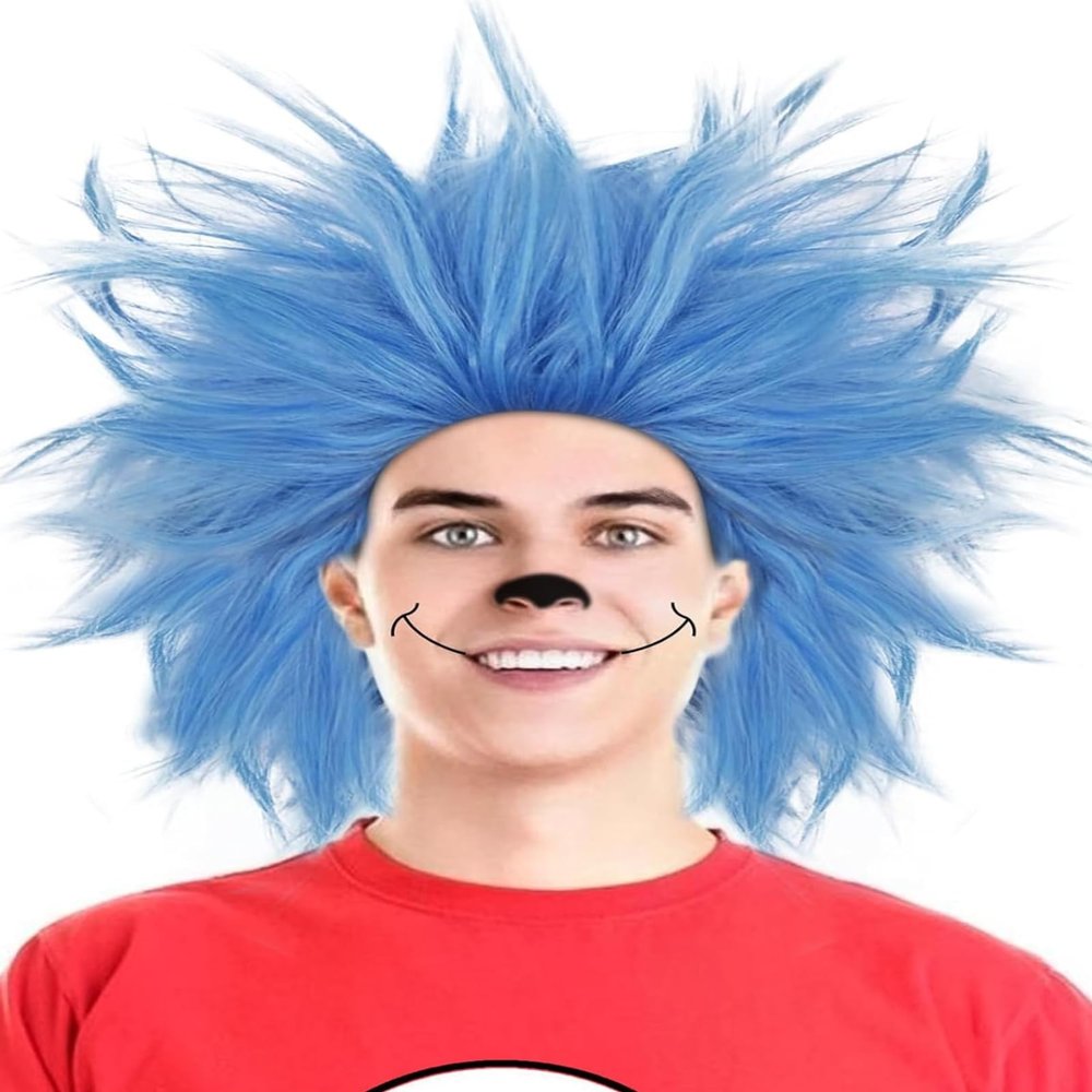 ANOGOL Hair Cap+ Blue Crazy Wig, Unique Spiky and Funny Wigs, Funky Fuzzy Wigs, Pelucas Para Payasos, Short Blue Wig for Anime Cosplay Halloween Costume Party Christmas Outfit