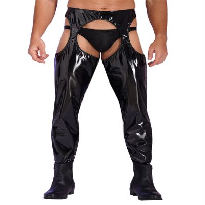 Eandarui Men's Faux Leather Pants Hollow Out Skinny Leggings Punk 80's Rock Tight Biker Pants Trousers Black Large