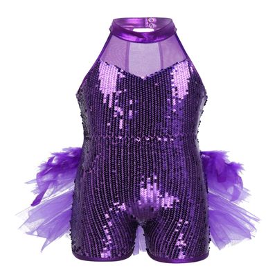 Alvivi Kids Girls Halter Neck Sequins Jumpsuit Ballet Dance Tutu Dress Jazz Performance Costume Suit Purple A 12 Years