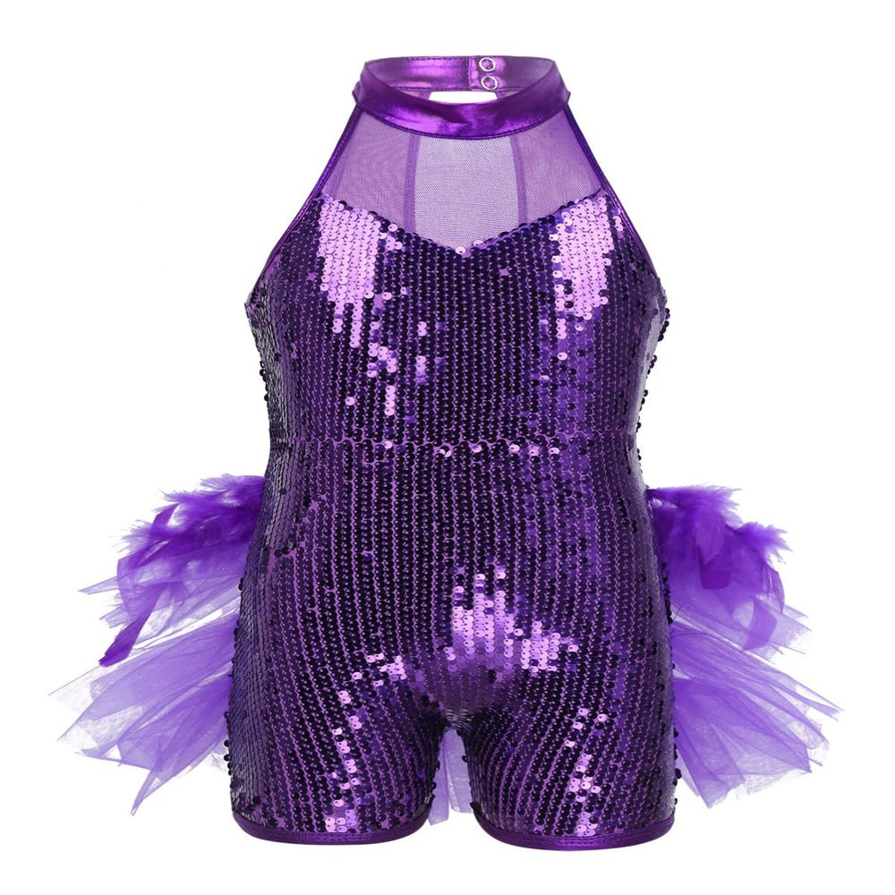 Alvivi Kids Girls Halter Neck Sequins Jumpsuit Ballet Dance Tutu Dress Jazz Performance Costume Suit Purple A 12 Years