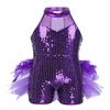 Alvivi Kids Girls Halter Neck Sequins Jumpsuit Ballet Dance Tutu Dress Jazz Performance Costume Suit Purple A 12 Years view 1