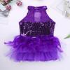 Alvivi Kids Girls Halter Neck Sequins Jumpsuit Ballet Dance Tutu Dress Jazz Performance Costume Suit Purple A 12 Years view 4