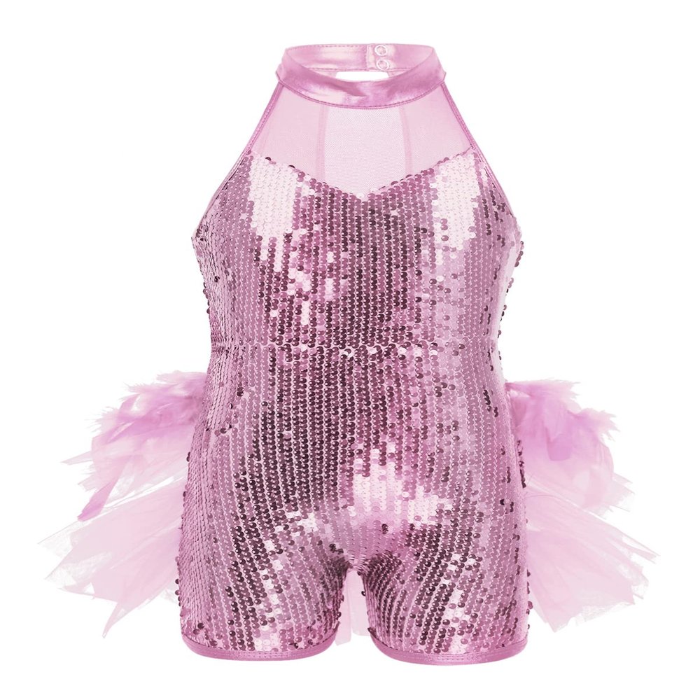 Alvivi Kids Girls Halter Neck Sequins Jumpsuit Ballet Dance Tutu Dress Jazz Performance Costume Suit Pink A 12 Years