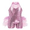 Alvivi Kids Girls Halter Neck Sequins Jumpsuit Ballet Dance Tutu Dress Jazz Performance Costume Suit Pink A 12 Years view 1