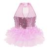 Alvivi Kids Girls Halter Neck Sequins Jumpsuit Ballet Dance Tutu Dress Jazz Performance Costume Suit Pink A 12 Years view 2