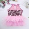 Alvivi Kids Girls Halter Neck Sequins Jumpsuit Ballet Dance Tutu Dress Jazz Performance Costume Suit Pink A 12 Years view 4